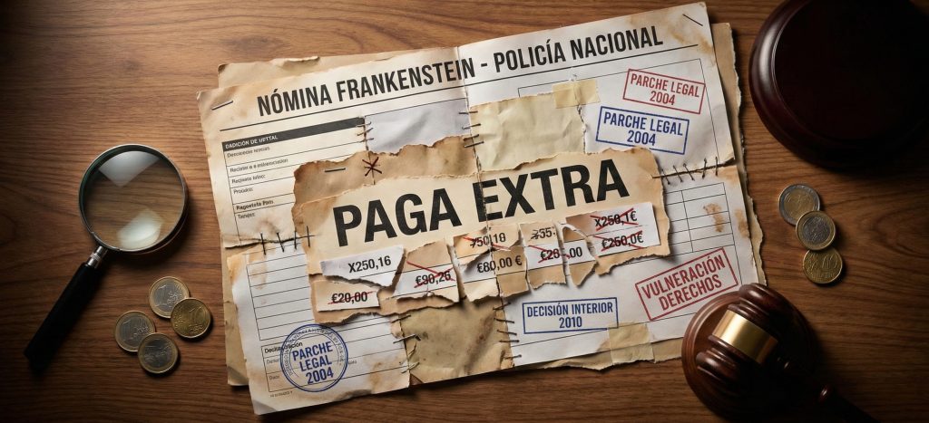 Documento que ilustra los recortes en las pagas extra de la Policía Nacional simulando una nómina Frankenstein