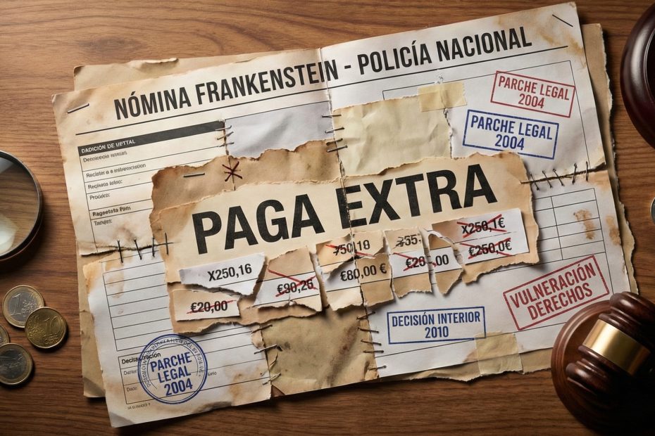 Documento que ilustra los recortes en las pagas extra de la Policía Nacional simulando una nómina Frankenstein
